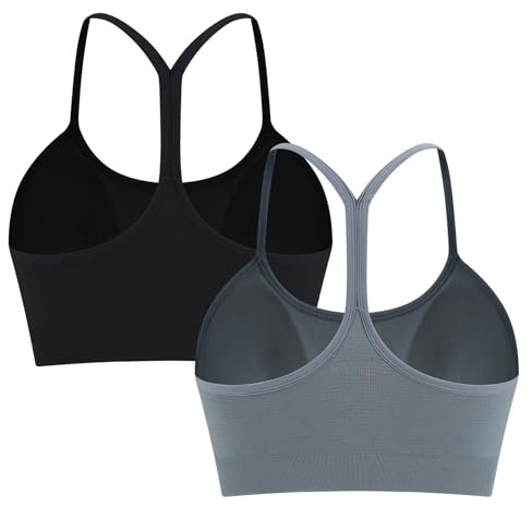 ANGOOL Sport BH Damen ohne Bügel Racerback Spaghetti Träger Sport Bustier Damen Gepolstert Seamless Y-Rücken Abnehmbare Cup für Low-Impact Training, Schwarz+Grau, M