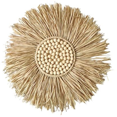 Boho Bast-Wandkranz - Handgemachte 40cm Dekoration aus Naturmaterialien, Rattan Deko Wandaufhänger | Dekorative Kunst für Balkon Schlafzimmer Wohnzimmer, Sommerdeko Boho Wandgestaltung