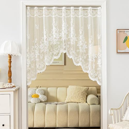 KnBoB Bistrogardine Küche (100x150cm) – Transparent Blumen & Blätter Stickerei Spitze Voile Vorhänge, Mit Ösen, Polyester, Weiß – Landhausstil