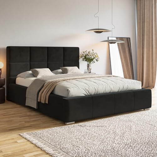 MOTIVENA Luna Bett 140x200 Schwarz Samt, mit Stauraum, mit Kopfteil, mit Lattenrost, mit Füßen, ohne Matratze, Polsterbett 140x200 mit Bettkasten Schwarz