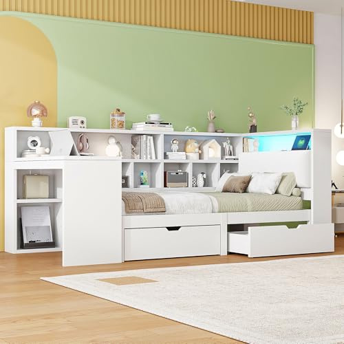 Gegtuon Schlafsofa Kinderbett Bett 90x200 mit LED-Licht, USB-Einzelbett Sofabett mit Regal Stauraum und 2 Schubladen, Tagesbett Jugendbett Bettgestell mit Tisch und Lattenrost, ohne Matratze, Weiß B