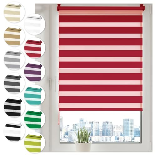Sonello Doppelrollo Klemmfix ohne Bohren 30 cm x 100cm Rot Fensterrollo | Fenster Rollos Für Innen, Klemmrollo, Sonnenschutzrollo, Duo Rollo für Fenster & Tür, Zebrarollo, Tag und Nacht Rollo