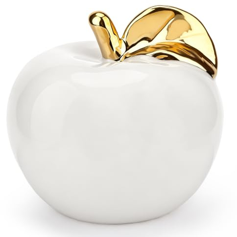 Folmywy Keramik Apfel Dekoration 10cm Porzellan Kunstapfel Moderne Statue | Künstliche Apfel mit Goldstiel Weihnachtsdeko Tischdekoration Bücherregal Büro Dekoration für Zuhause