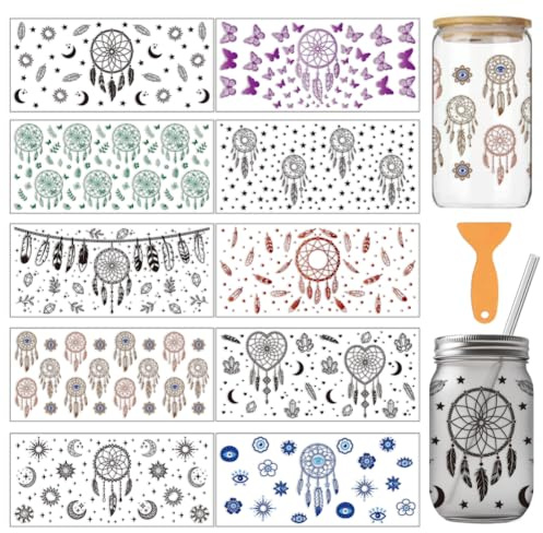 arricraft 10 Blätter Dream Catcher Theme UV DTF Cup Wrap für 16OZ Glas, Mond Sonne Sterne Pflanzen Blumen Muster PVC Transfer Aufkleber für DIY Tassen Holz Funiture 9.4x4.3inch