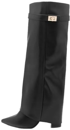 ticticlily Stivali Donna Invernali Cowboy Stivaletti Alti Tacchi Biker Fold Over Boots con Tacco B Nero 38 EU