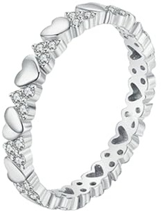 Lirzxin Anello Fedina Donna, Anelli Eternity Oro Bianco 9K Design A Cuore di Fila con Moissanite Rotonda Anelli Fidanzamento Matrimonio Oro Bianco Misura 22