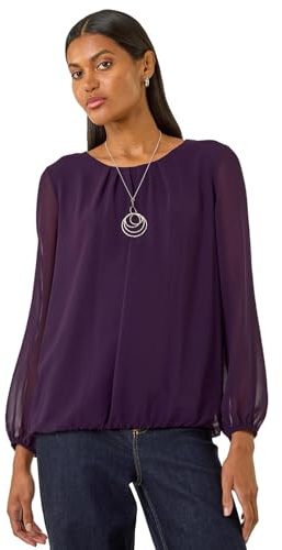 Roman Originals Chiffon Overlay Top with Necklace for Women UK Ladies Smart Evening Blouse Fitted Stretchy Going Out Elegant Sparkly Party 3/4 Length Sleeve V-Neck Silk - Deep Purple - Size 20