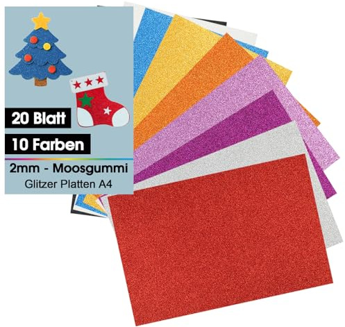 20x Moosgummi Glitzer,Glitzer Moosgummi Platten A4 2mm,10 Farben | Moosgummi Glitzerpapier für Bastelarbeiten, Kunst, Weihnachtsdeko, Schule, kreative Projekte, vielseitig, bunt