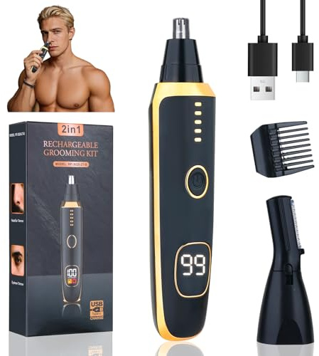 Beanify Cortapelos Nariz y Oreja 2 en 1 con Pantalla LED, Recortador de Vello Nasal y Cejas Indoloro, USB-C Recargable, Impermeable IPX7, Compacto y Portátil para Hombre y Mujer (Negro)