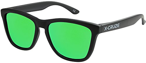 X-CRUZE 9-069 Nerd Sonnenbrillen polarisiert Style Stil Retro Vintage Retro Unisex Herren Damen Männer Frauen - schwarz matt LW/grün verspiegelt