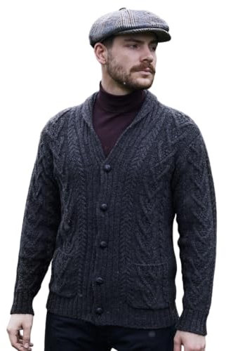 SAOL 100% Merinowolle Herren Aran Cable Schal Kragen Strickjacke,Holzkohle