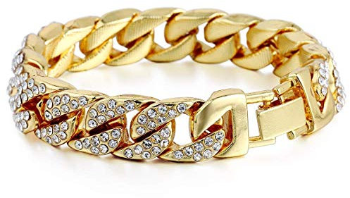 Fliyeong Premium Quality 14mm Mens Women Hip Hop Iced Out Curb Cuban Bracelet Chain Gold Pave