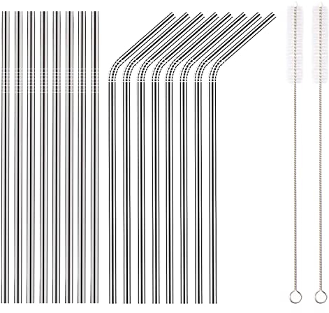 HOMQUEN Pailles en acier inoxydable argentées de 18 pièces, Pailles à boire réutilisables de 8,5 '', avec pochette portable (8 droites / 8 courbes / 2 brosses)