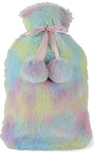 ADEPTNA Soft and Durable 2 Litre Hot Water Bottle with Plush Faux Fur Cover – Keeping Warm and Comfortable (Rainbow)