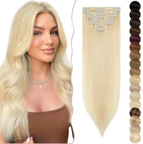 SEGO Clip in Extensions Echthaar 8 Tressen Haarverlängerung günstig Haarteil 100% Remy Human Haar dünn glatt Hellblond#613 16(40cm)-65g
