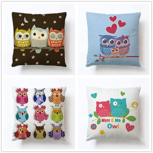 4 Stück Kissenhülle 40x40cm Kissenbezuge Cartoon Eule Quadratischer mit Verstecktem Reißverschluss Doppelseitiger Druck Baumwolle Leinen Sofakissen Kissenbezug Outdoor Home Sofa Auto Bed Decor