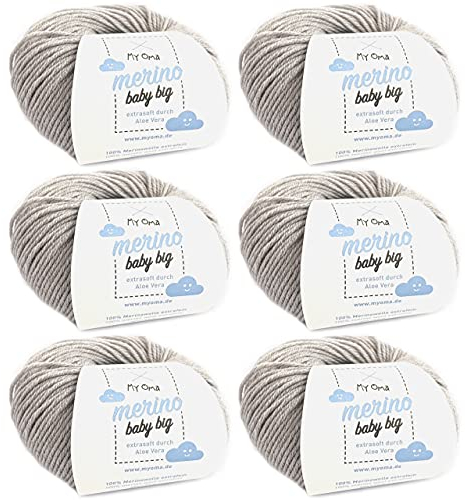 Babywolle Stricken - Merino Baby Big hellgrau (Fb 8005) - 6 Knäuel Babywolle grau + GRATIS Label - Babywolle häkeln - Merinowolle Babywolle grau - 25g/85m - Nadelstärke 4mm - Myoma Babywolle häkeln