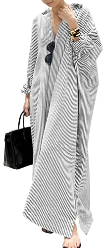 chouyatou Women's Casual Long Sleeve Button Down Loose Striped Cotton Maxi Shirt Dress (Large, Grey)