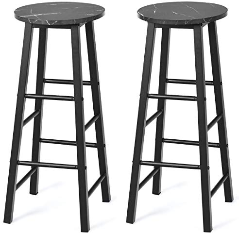 TANGZON Bar Stools Set of 2, Kitchen Counter Breakfast Barstools with 2-Tier Footrests, Metal Legs Wooden Seat Round High Stools for Home, Pub, Living Room & Lounge (Black)