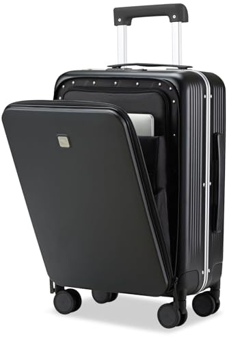 Hanke Upgrade Carry On Luggage Cabin Suitcase, 20'' Suitcase with Front Laptop Pocket, TSA Suitcase Locks Travel Rolling Luggage Aluminum Frame PC Hardside with Spinner Wheels(JetBlack)