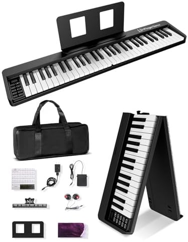 Finger Dance Klappbare Klaviertastatur mit 61 Tasten, Upgrand Holzimitat Tastatur Tragbares Klavier, Bluetooth & MIDI, Faltbares Keyboard Piano für Anfänger - Tiefschwarz