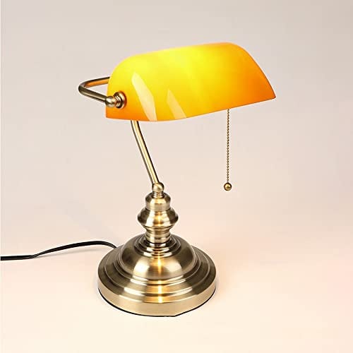 Retro Grün Bankerlampe mit Zugschalter, Vintage Tiffany Schreibtischlampe, Banker Tischlampe Büro, Ø23cm Green Glasschirm, Bürolampe Nachttischlampe, Messing Finish, H36cm, E27 MAX40W (Orange)