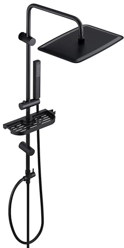 Görbach Colonne de Douche Pluie Système de Douche sans Robinet en acier inoxydable Ensemble de Douche Murales Réglables avec Pommeau de douche Effet Pluie, Étagère et Douchette Noir (35x25CM)