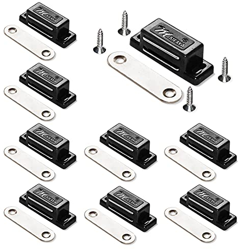 12Pack Cupboard Magnetic Door Catch for Cabinet Heavy Duty Magnet Catches Kitchen Latch Small Home Furniture Plastic Shell Metal Plate with 48pcs Screws (Black)