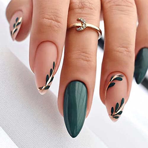 24Pcs Press on Nails - Fake Nails Blue Whirlpool Love Heart Design Wearable Nail Arts - For Women Girls DIY Removable False Nails Art (Green with Leaf)