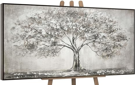 YS Tableau peinte à la main L'arbre de vie Peinture moderne tons gris avec argent Paysage abstrait avec un grand arbre Déco murale salon avec cadre 140x70 cm