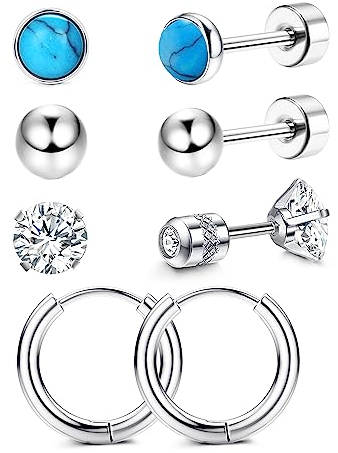 Adramata 4 Paar G23 Titan Ohrringe für Damen Herren Hypoallergene Ohrringe CZ Klein Ohrstecker Türkis Opal Ohrringe Titan Ohrstecker Set Silber Ohrringe Creolen Tragus Helix Piercing Schmuck