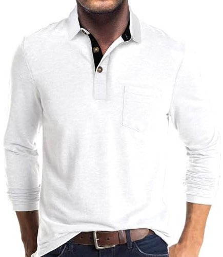 Mens Polo Shirts Long Sleeve Tops Casual Shirt Golf Top Cotton Tee Basic T-Shirt Knitted Buttons White M