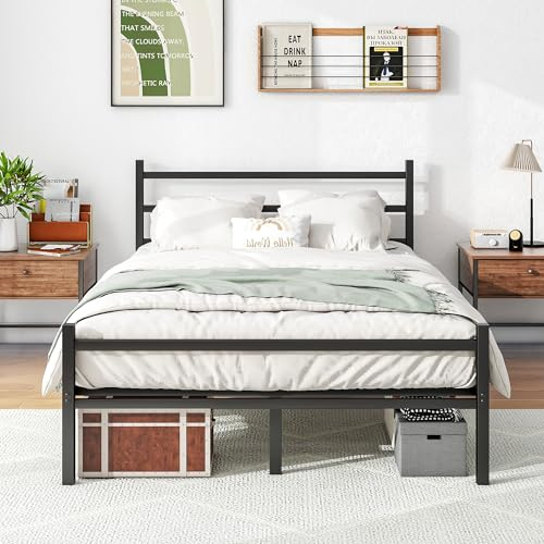 BORPHOM Double Bed Frames Solid Metal Bed Frame Double Bed with Headboard,Mattress Base/Strong Steel Slats Support/Under-bed Storage/Noise Free/Black Bed 135x190cm