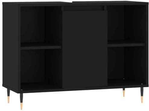 vidaXL Badezimmerschrank, Waschbeckenunterschrank mit viel Stauraum, Badschrank mit Eisenbeinen, Bad Unterschrank Waschbeckenschrank Badmöbel, Schwarz Holzwerkstoff