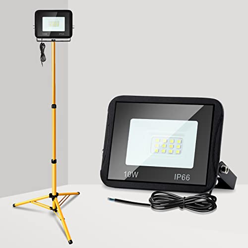 Yakimz LED Baustrahler mit Stativ, 10W Warmweiß 3000K Baustellen Strahler, IP66 Wasserdicht, Scheinwerfer 900LM, Arbeitsscheinwerfer Baustellenlampe Baulampe mit 1m Kabel (kein Stecker)