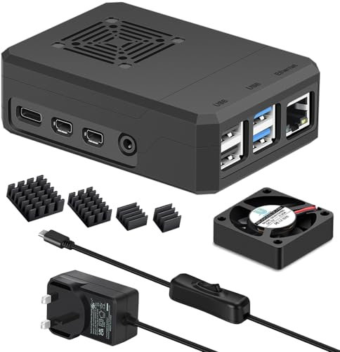 iUniker [20W 5V 4A] Raspberry Pi 4 Case, with iUniker 20W 5V 4A USB C Raspberry Pi 4 Power Supply with Switch Heatsink 40mm Cooling Fan for Pi 4 4 8gb/4gb/2gb (Black)