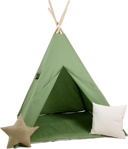 Kinder Teepee Tipi Set für Kinder Spielzeug drinnen draußen Spielzelt Zelt 8 Elemente dabei Tipi-Set Indianer Indianertipi mit Fenster usw. (mit kleinem Zubehör Waldgeist)