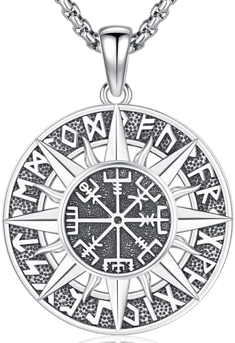 Wikinger Vegvisir Halskette Silber 925 Wikinger Kompass Anhänger Kette Herren Vegvisir Kette Nordischer Kompass Anhänger Amulett Vegvisir Schmuck für Herren