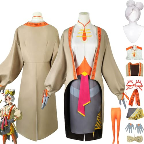 MAXCBD Game Tears of the Kingdom Purah Cosplay Kostüm Outfit Mantel Uniform Full Set Halloween Party Karneval Dress Up Anzug mit Brille Kopfschmuck Perücke für Frauen Mädchen (L)