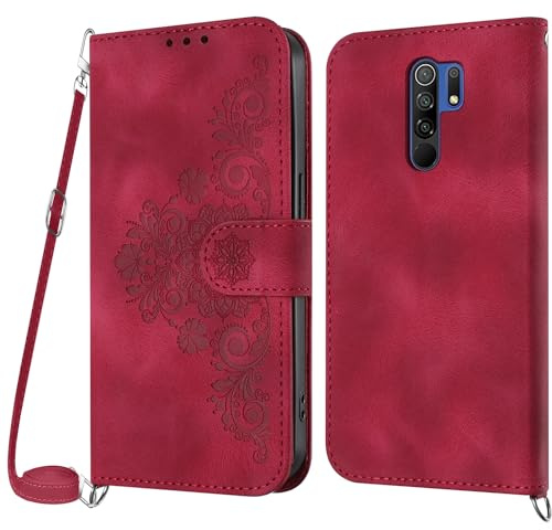 NETANY Cover per Xiaomi Redmi 9 con Cordino, Flip Portafoglio Magnetica Custodia in Pelle, [2 Porta Carte][Chiusura Magnetica],Custodia Libro Antiurto Cover con Laccio per Xiaomi Redmi 9 (Rosso)