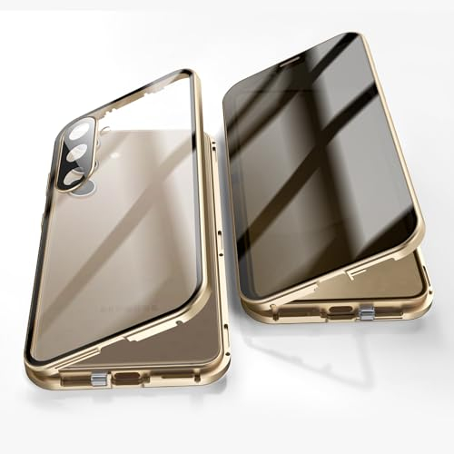 Jonwelsy Anti Peeping Hülle für Samsung Galaxy S24, 360 Grad Schutz Case, Privatsphäre Gehärtetes Glas Anti-Spähen Cover, Stark Magnetische Adsorption Metallrahmen Handyhülle für S24 (Gold)