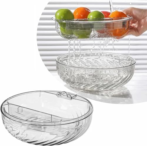Velae Double-Layer Draining Fruit Snack Bowl with Phone Holder,Multifunctional Detachable Fruit Plate with Draining Holes (Transparent)