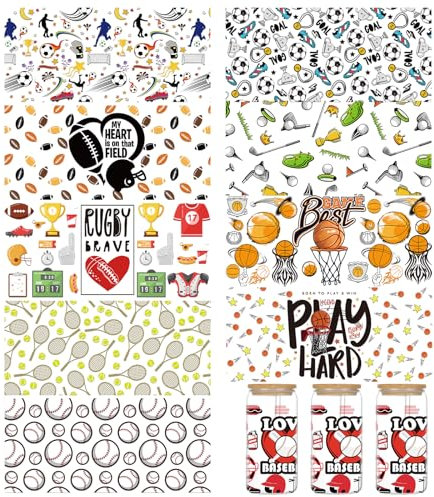 Lot de 10 feuilles de film de transfert UV DTF pour gobelets en verre de 473,6 g, autocollants de transfert imperméables pour football, baseball, basket-ball, etc