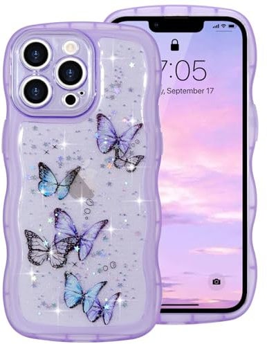 ROSEHUI for iPhone 15 Pro Max Case,Cute Butterfly Curly Wave Phone Case with Sparkly Glitter Bling Star,Clear Anti-Yellowing Camera Protection Soft TPU Shockproof Protective Cover for Girls-Purple