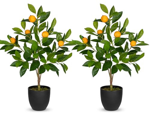 Hollyone Lot de 2 plantes artificielles décoratives - Oranger - 60 cm - En plastique - Noir - Avec branche d'orange et fruits oranges - Pour la maison, le salon, la cuisine, le bureau