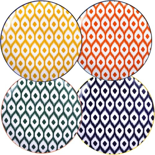 WishDeco Lot de 4 Assiettes à Salade, Petites Assiettes Plates Porcelaine 20,5 cm, Assiette à Dessert Colorées, Plat Servic en Céramique pour Pâtes, Pizza, Pain