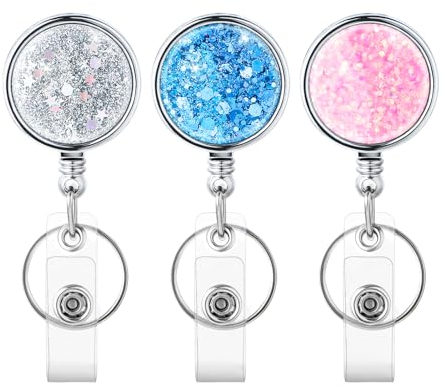 3 portachiavi retrattile, portachiavi retrattile, porta badge retrattile con strass, portachiavi allungabile per ID clip, carte di credito, arrampicata