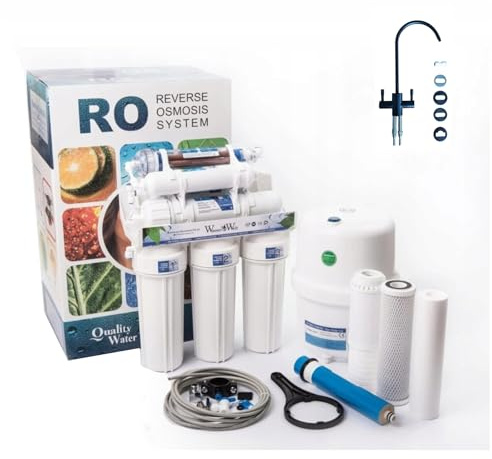 Wasserfilter für Trinkwasser RO8 Umkehrosmoseanlage mit schwarzer Hahn, Combo, Negative Ions und Mineralisierung