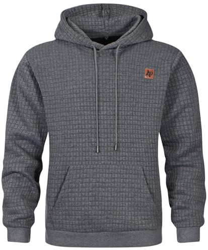 Furpazven Hoodie Herren Pullover Sweatshirt Jacquard Langarm Casual Kapuzenpullover Plaid Sweatjacke Kordelzug Kapuze mit Tasche Dunkelgrau M