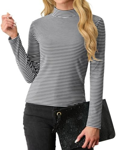 PrinStory Women's Turtle Neck Sweatshirts Elegant Jumpers Long Sleeve Tops For Women Business Casual Pullover Tops For Ladies (Black White Stripe, M)